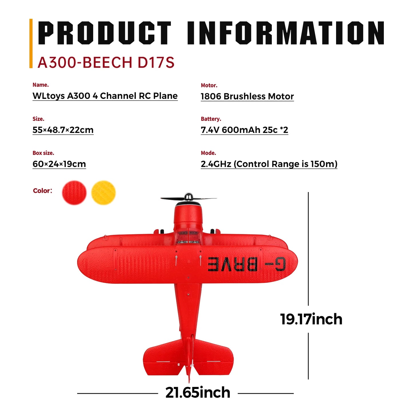 WLtoys A300 4-CH RC Plane, Beechcraft D-17 RC Airplanes with Lights, 6G/3D Brushless RC Planes for adults, Outdoors and Gifts
