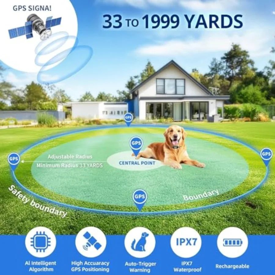 GPS Wireless Dog Fence - Waterproof Pet Containment System with Smart Shock Collar - Safe GPS Tracker for Dogs - Adjustable Rec