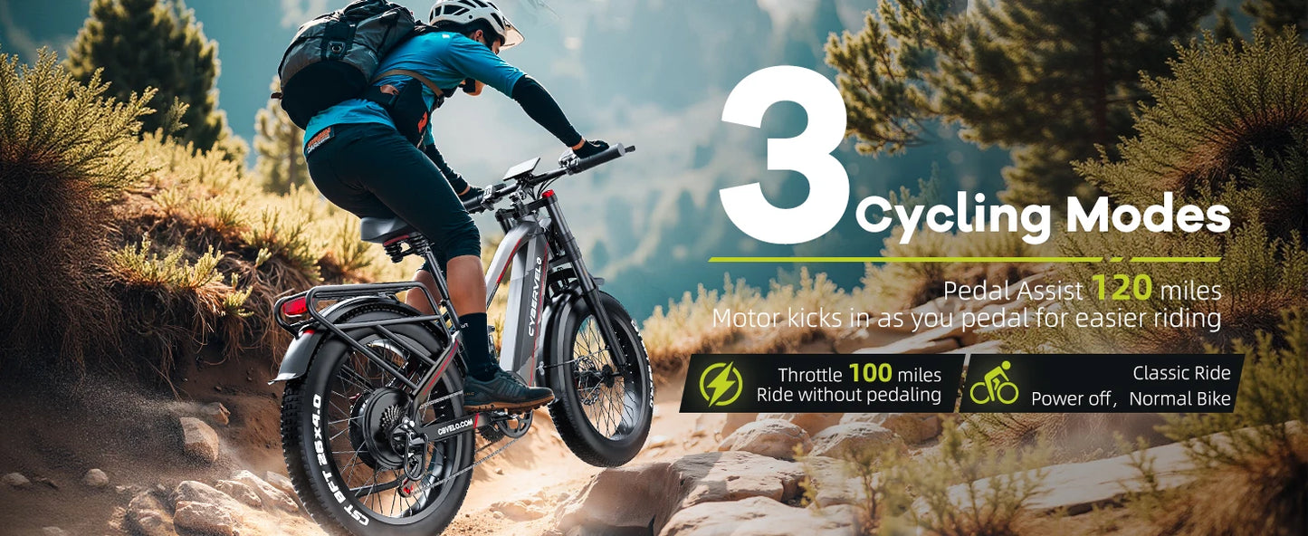 Cybervelo Strong Power Ebike, 5000W Motor Off Road Electric Bike, 100 Miles Long Range, 26"x4.0” Fat Tire, 60V 50Ah Big Battery EK9