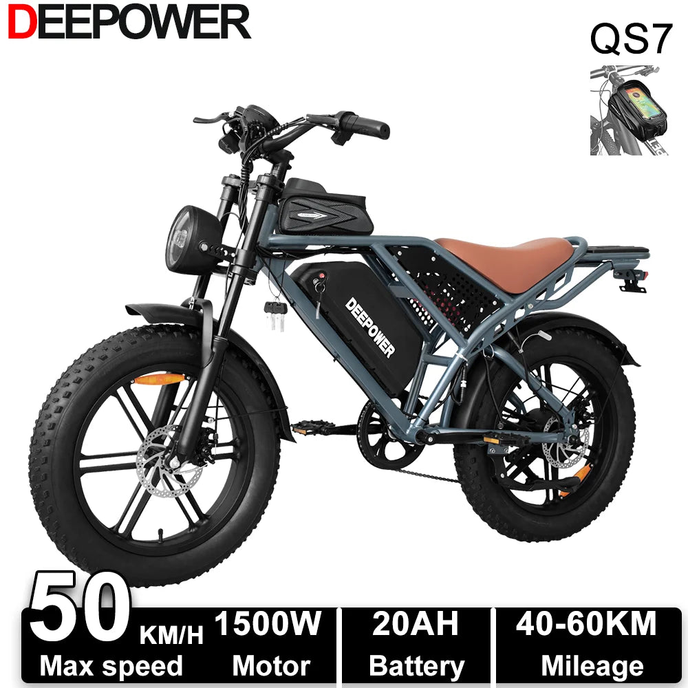 DEEPOWER QS7 Electric Bike 1500W 48V 60AH Adult Off-Road Electric Bicycle 20-inch Fat Tire Dual Battery All-Terrain Ebike