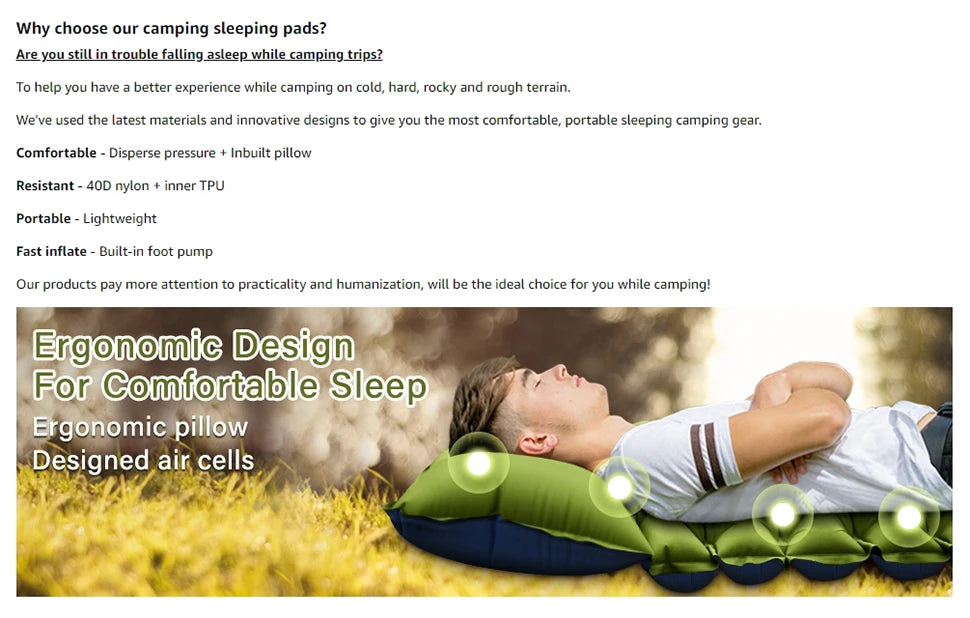 WESTTUNE Inflatable Air Mattress Camping Sleeping Pad Ultralight Camping Mat with Pillow Built-in Foot Pump for Backpacking Hiki