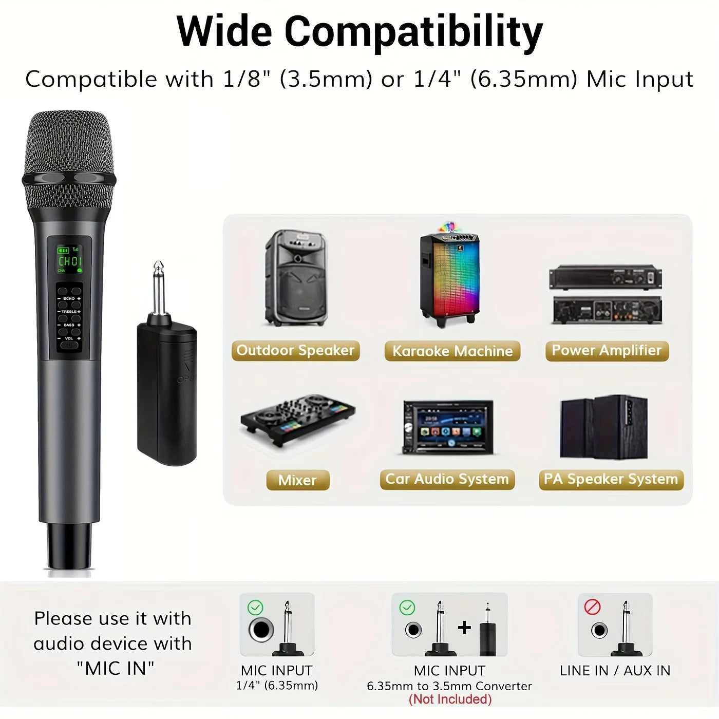 Rechargeable Handheld Wireless Microphones with Echo Treble BASS VOL Control for Karaoke Singing