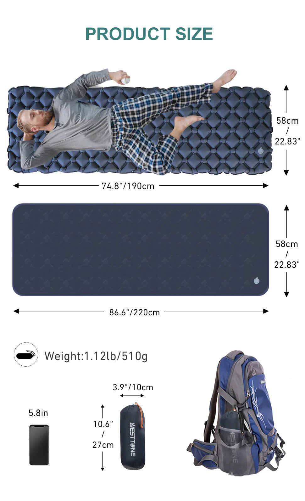 WESTTUNE Camping Sleeping Pad Ultralight Inflatable Mattress Portable Outdoor Air Cushion Sleeping Mat for Travel Hiking