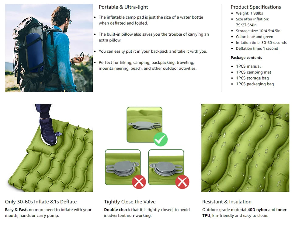 WESTTUNE Inflatable Air Mattress Camping Sleeping Pad Ultralight Camping Mat with Pillow Built-in Foot Pump for Backpacking Hiki