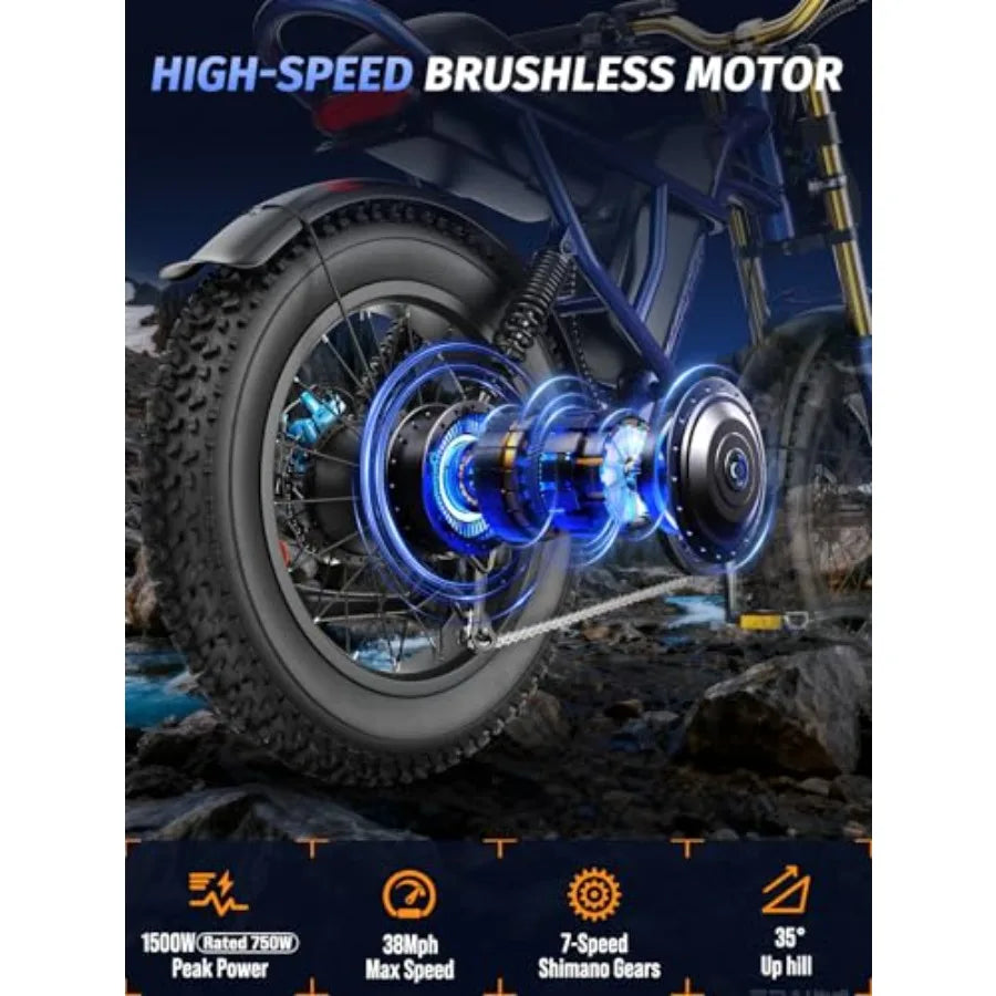 Electric Bike for Adults: 1500W Peak Motor 48V 20.8Ah Removable Battery 80 Miles Range 28 MPH Top Speed 20 Off-Road Fat Tire E-