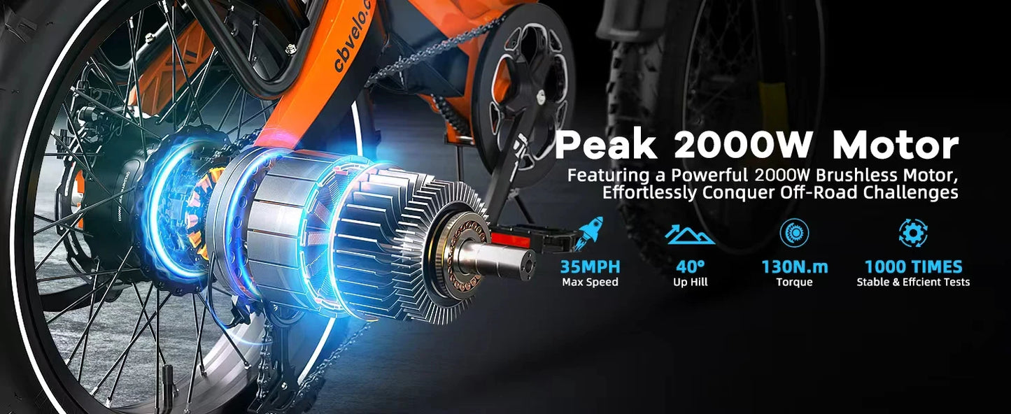 Cybervelo 20” Fat Tire 2000W Peak Motor Luxury Foldable ebike,48V Removable Battery E Bicycle, 35+ MPH 100+Miles Long Range EK6