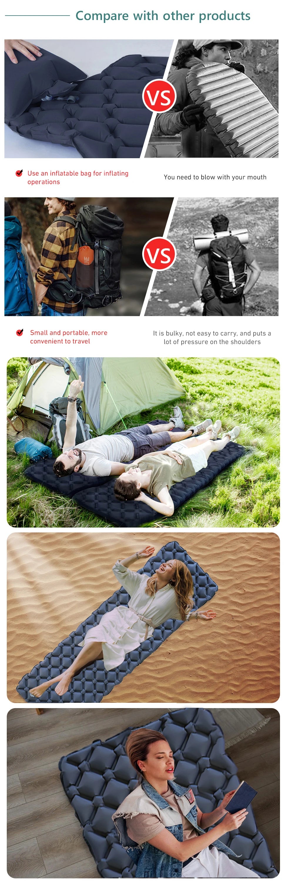 WESTTUNE Camping Sleeping Pad Ultralight Inflatable Mattress Portable Outdoor Air Cushion Sleeping Mat for Travel Hiking
