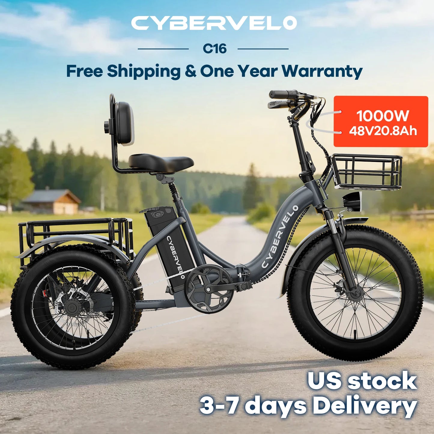 1000W Peak Three-Wheels Step-Thru Folding Ebike, 48V 20.8AH Removable Battery, 7-Speed Urban City Commuter Electric Tricycle for Adults Cybervelo C16