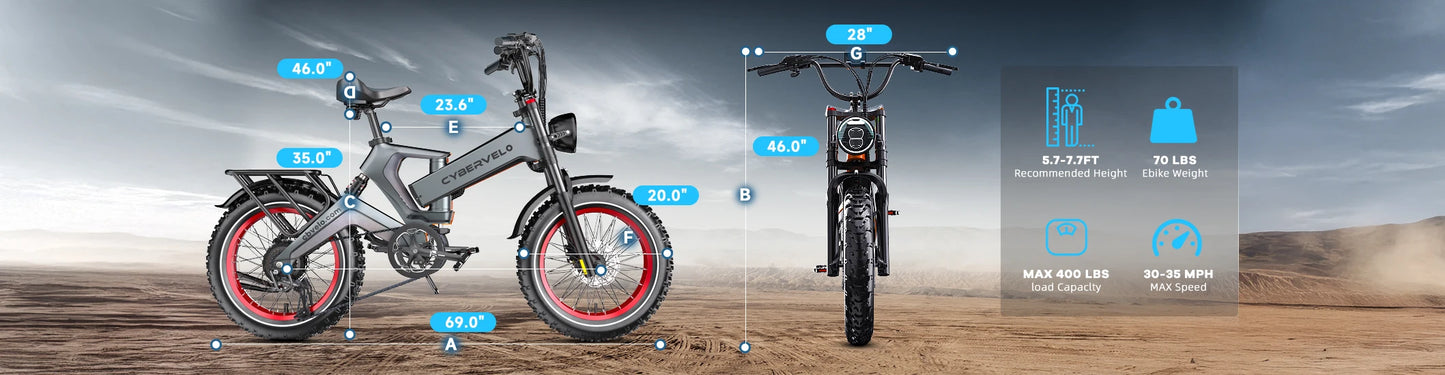 Cybervelo 20” Fat Tire 2000W Peak Motor Luxury Foldable ebike,48V Removable Battery E Bicycle, 35+ MPH 100+Miles Long Range EK6