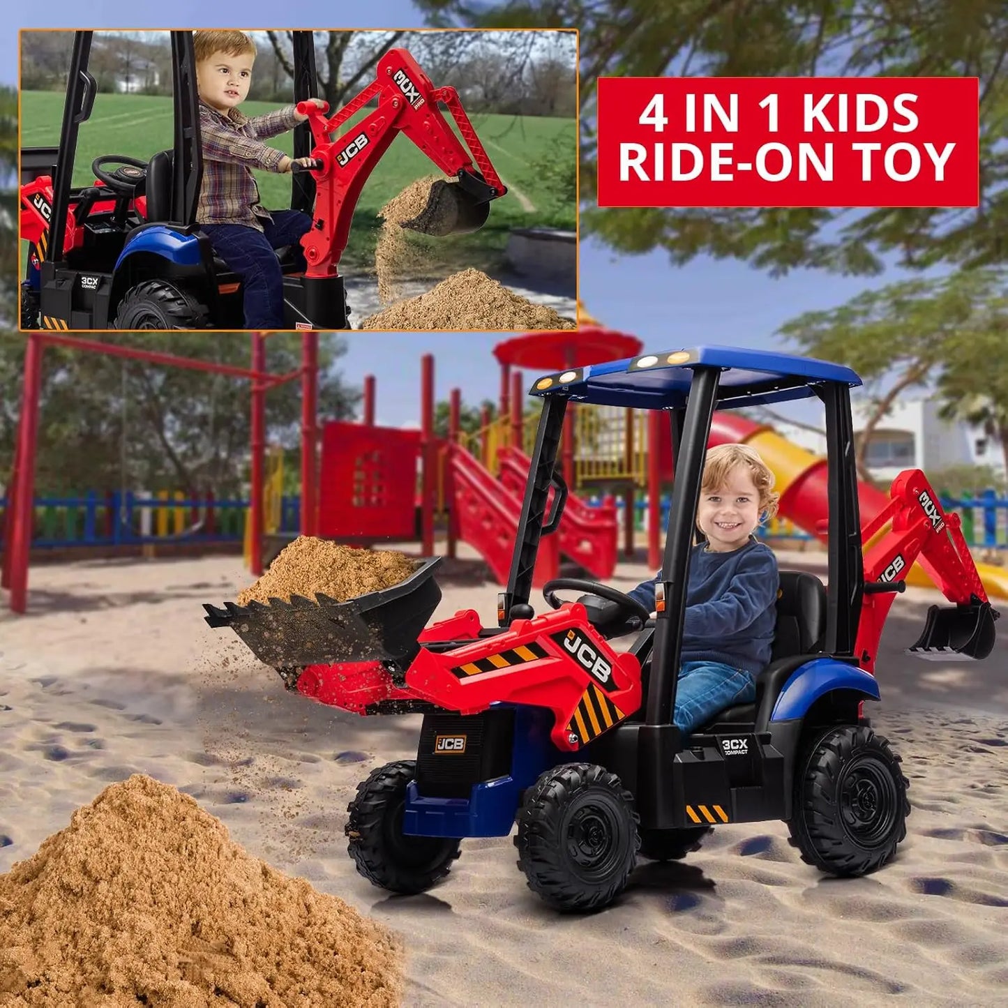 4 in 1 Ride On Excavator Car Toy 12V Kids Electric Vehicle with Remote Control Front Loader Digger Horn Adjustable Seat