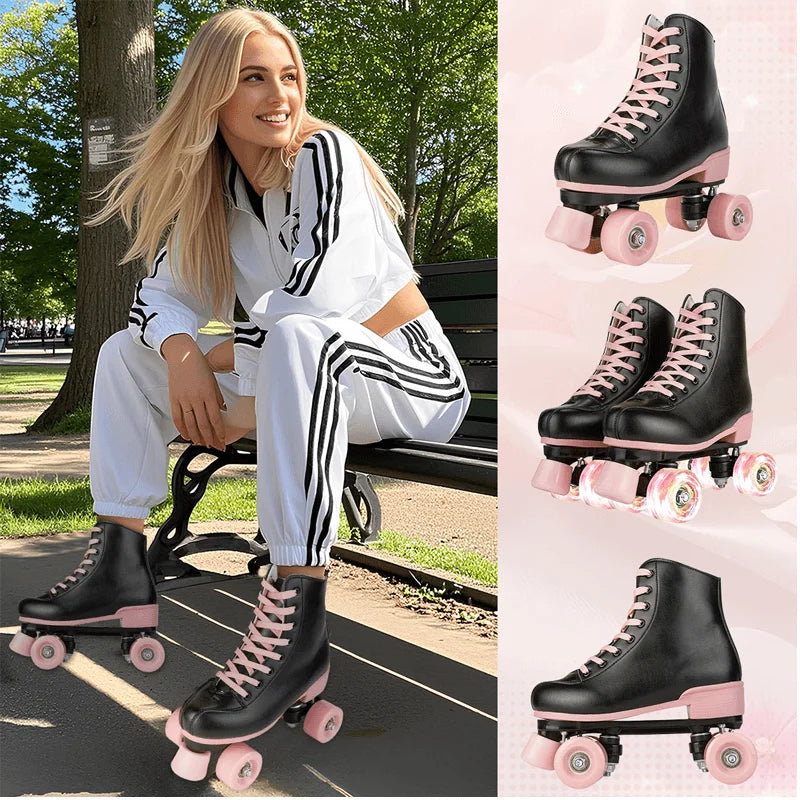 Quad Roller Skates Size 32-40 Adult Women Flashing 4 Wheels Skate Shoes Kids Girls Beginner Outdoor Skating Training Sneakers