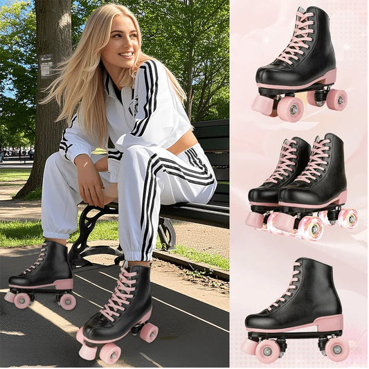 Quad Roller Skates Size 32-40 Adult Women Flashing 4 Wheels Skate Shoes Kids Girls Beginner Outdoor Skating Training Sneakers