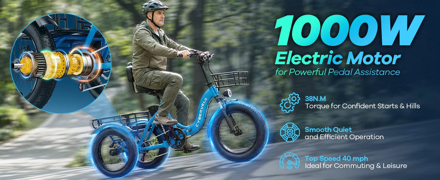 1000W Peak Three-Wheels Step-Thru Folding Ebike, 48V 20.8AH Removable Battery, 7-Speed Urban City Commuter Electric Tricycle for Adults Cybervelo C16