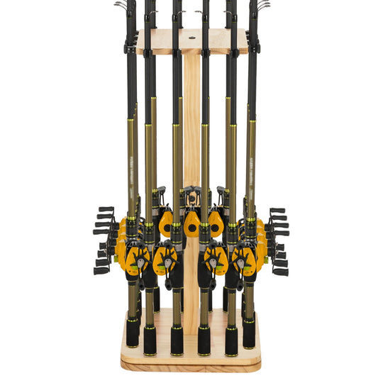 Fishing Rod Holder 360° Rotating Wooden Rod Pole Rack New Style Holds up to 16 rods Fishing Organizer for Space-Saving Fishing R