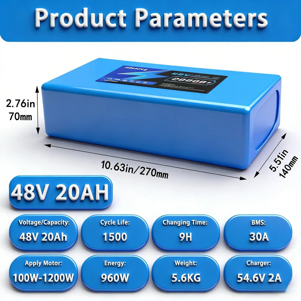 Aleaviy 36V 20Ah Electric Bike Lithium Battery Pack 20000mAh Li ion Ebike Battery for Bicycle Scooter Motorcycle with Charger
