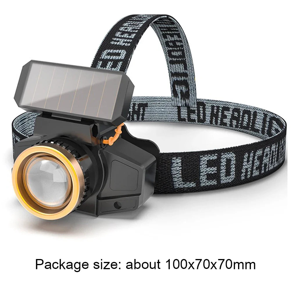 Head-mounted Flashlight Torch Solar + USB Rechargeable Head Light Waterproof