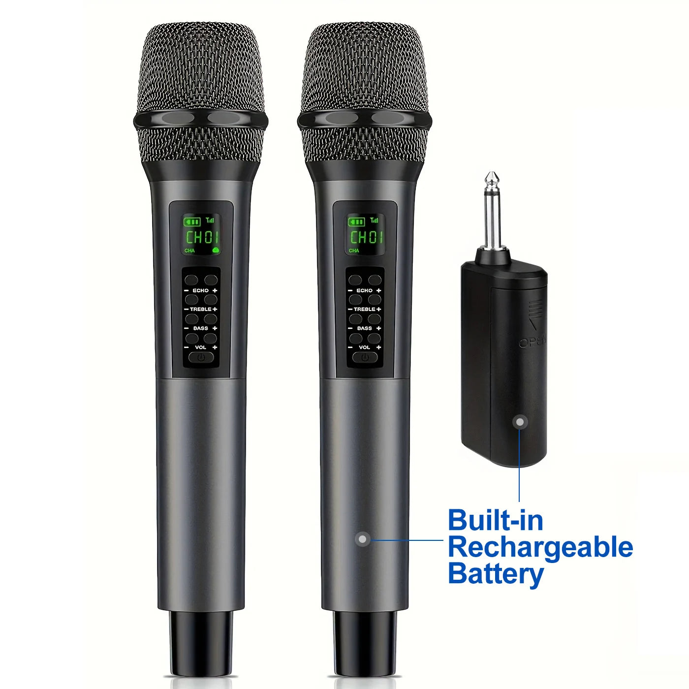 Rechargeable Handheld Wireless Microphones with Echo Treble BASS VOL Control for Karaoke Singing