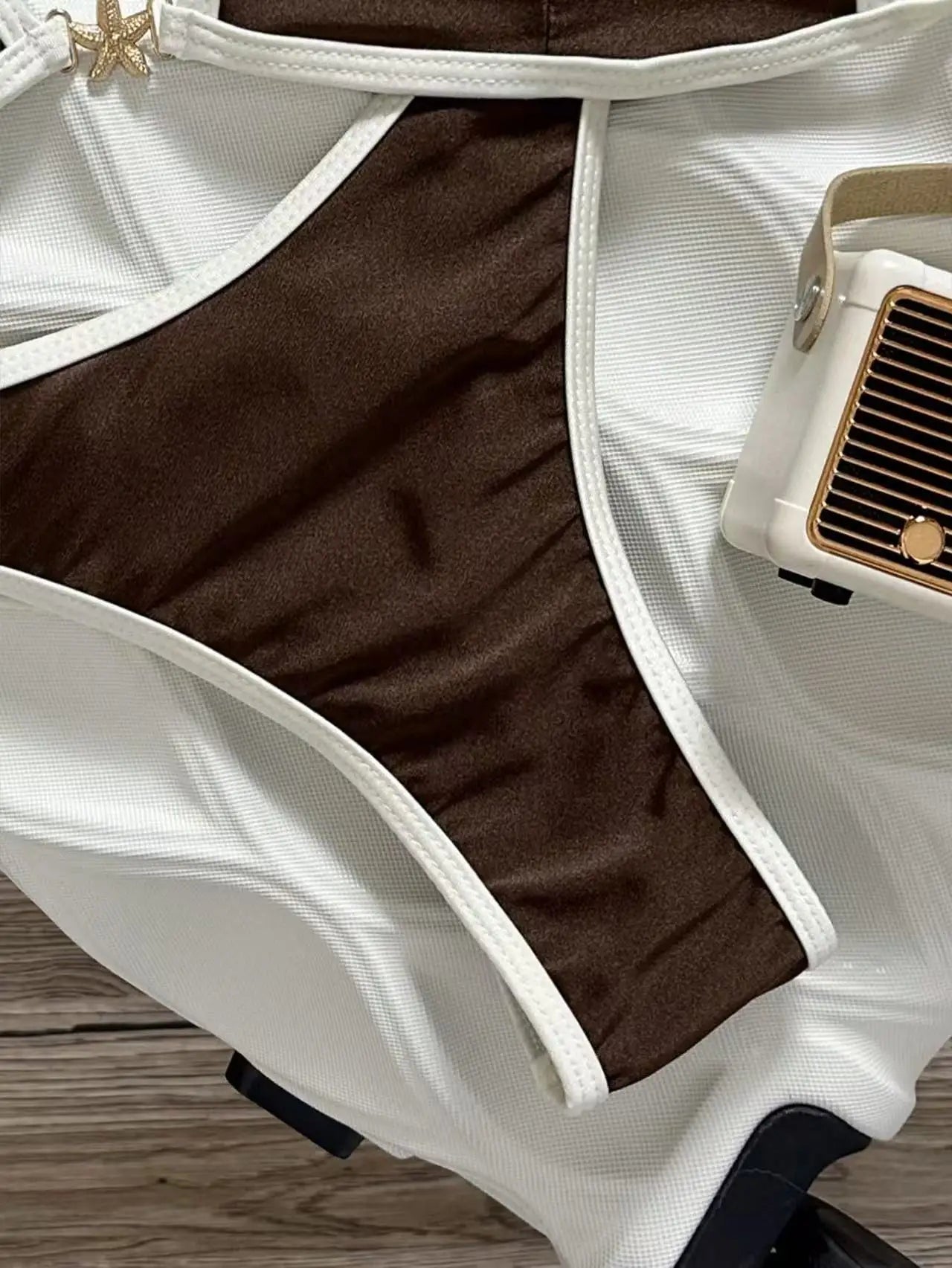 Vintage Brown White Contrast Starfish Detail Triangle Bikini Set High Cut Push Up Swimsuit Women 2 Piece Bathing Suit