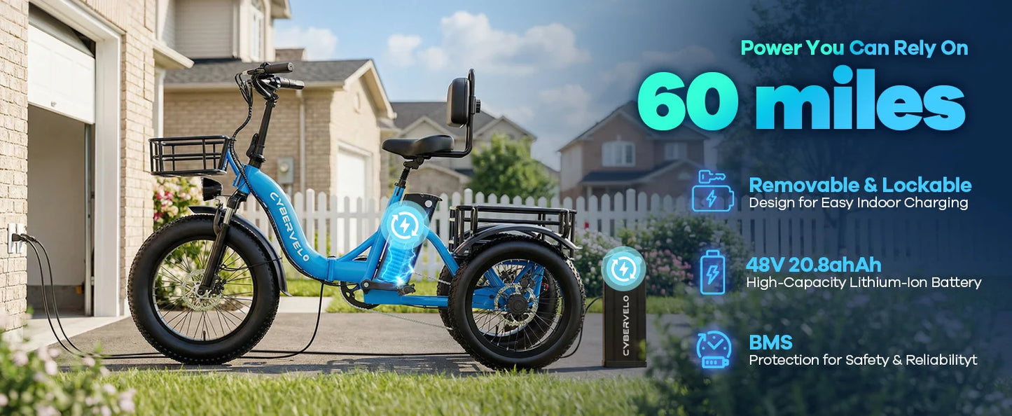 1000W Peak Three-Wheels Step-Thru Folding Ebike, 48V 20.8AH Removable Battery, 7-Speed Urban City Commuter Electric Tricycle for Adults Cybervelo C16